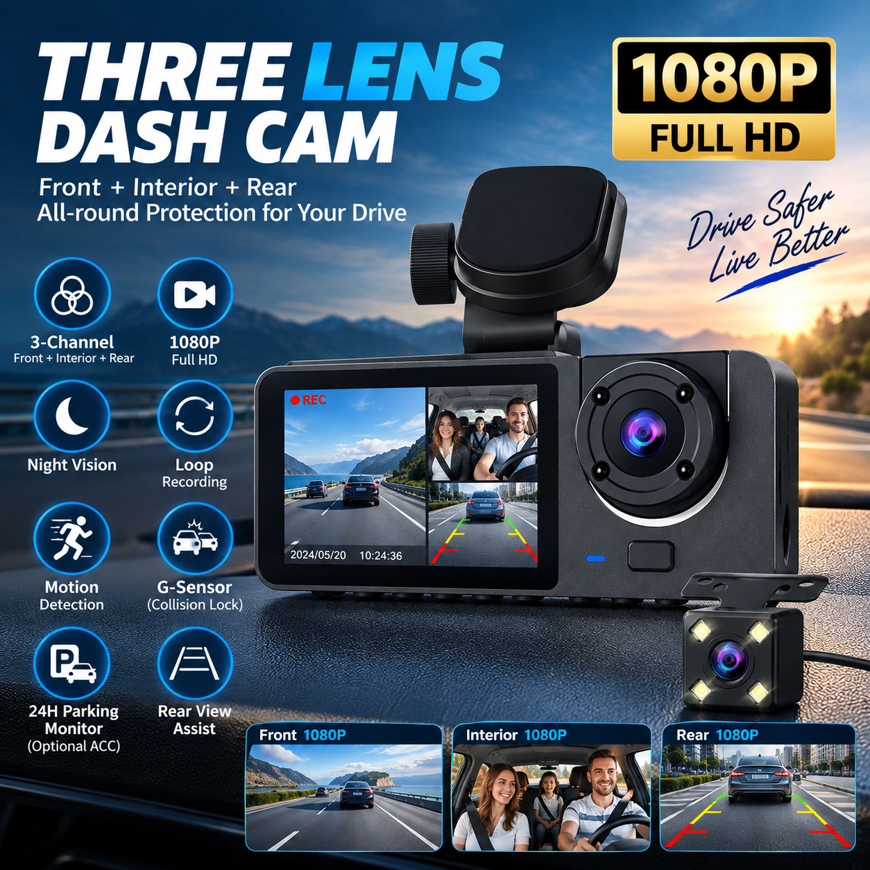 1080P HD Dash Cam Front Cabin Rear Recording WDR Car DVR Recording WiFi Night Vision Motion detection G-sensor Loop Recording