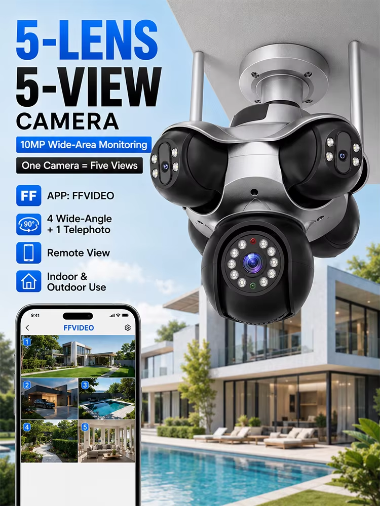 10MP Wi-Fi PTZ IP Outdoor Security Camera 5 Lens 5 Views Human Detection Waterproof IR Full Color Night Vision FFVIDEO Live View
