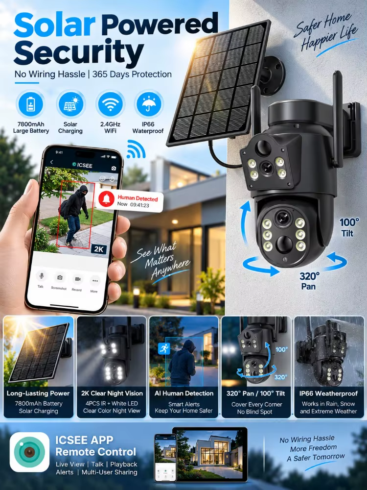 8MP 4K Wifi Security Camera Outdoor Solar IP Protection Dual Lens Night Vision Auto Tracking Alarm Surveillance Cameras CCTV