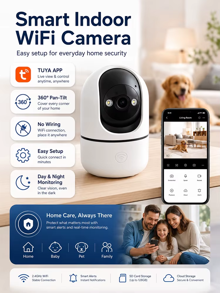 Indoor PTZ WiFi Camera 2MP HD Tuya Smart APP Home Security Camera 355 Pan Tilt Night Vision Two Way Audio Motion Alert Baby Pets