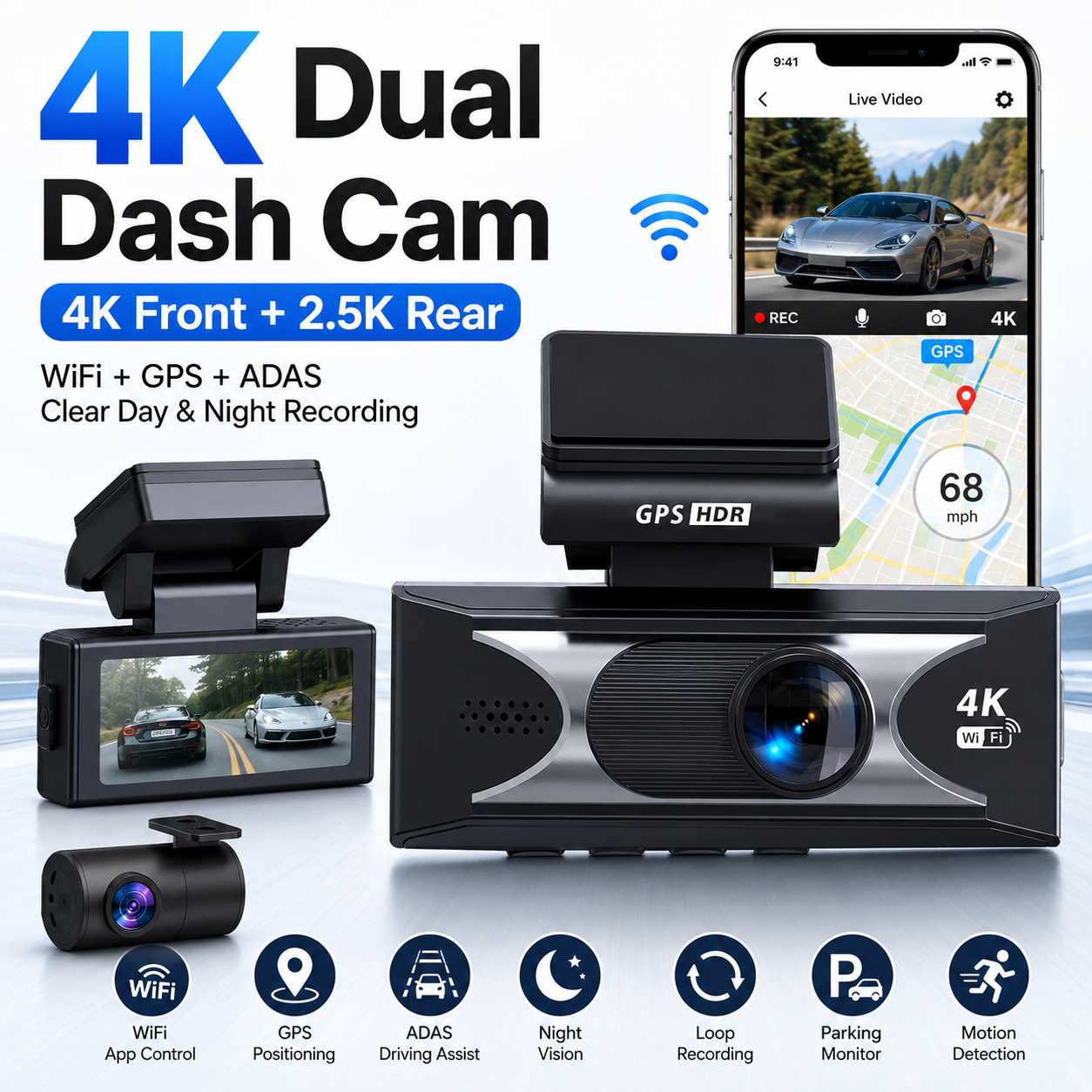Dash Camera 4K Front 2.5K Rear Recording WiFi GPS ADAS Smart Driving Recorder Night Vision Collision Detection Loop Recording