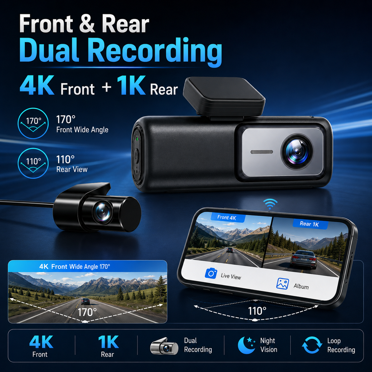 4K Dash Cam Front Rear 1K Dual Car DVR WiFi APP Control Night Vision 170° G-Sensor Loop Recording Parking Monitor GPS Optional