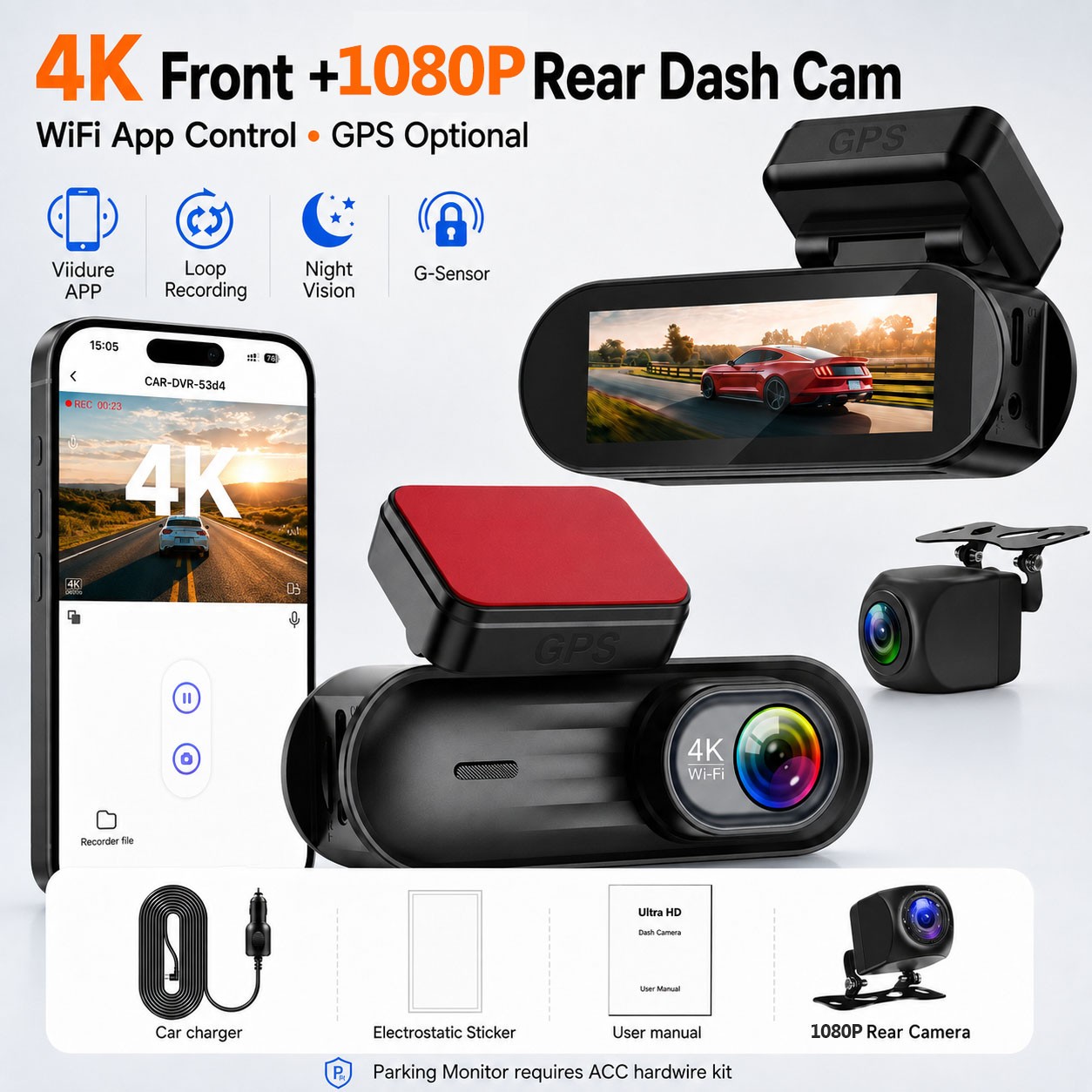 4K Dash Cam Front 1080P Rear Driving Recorder Camera WiFi APP Control Night Vision G-Sensor Loop Recording
