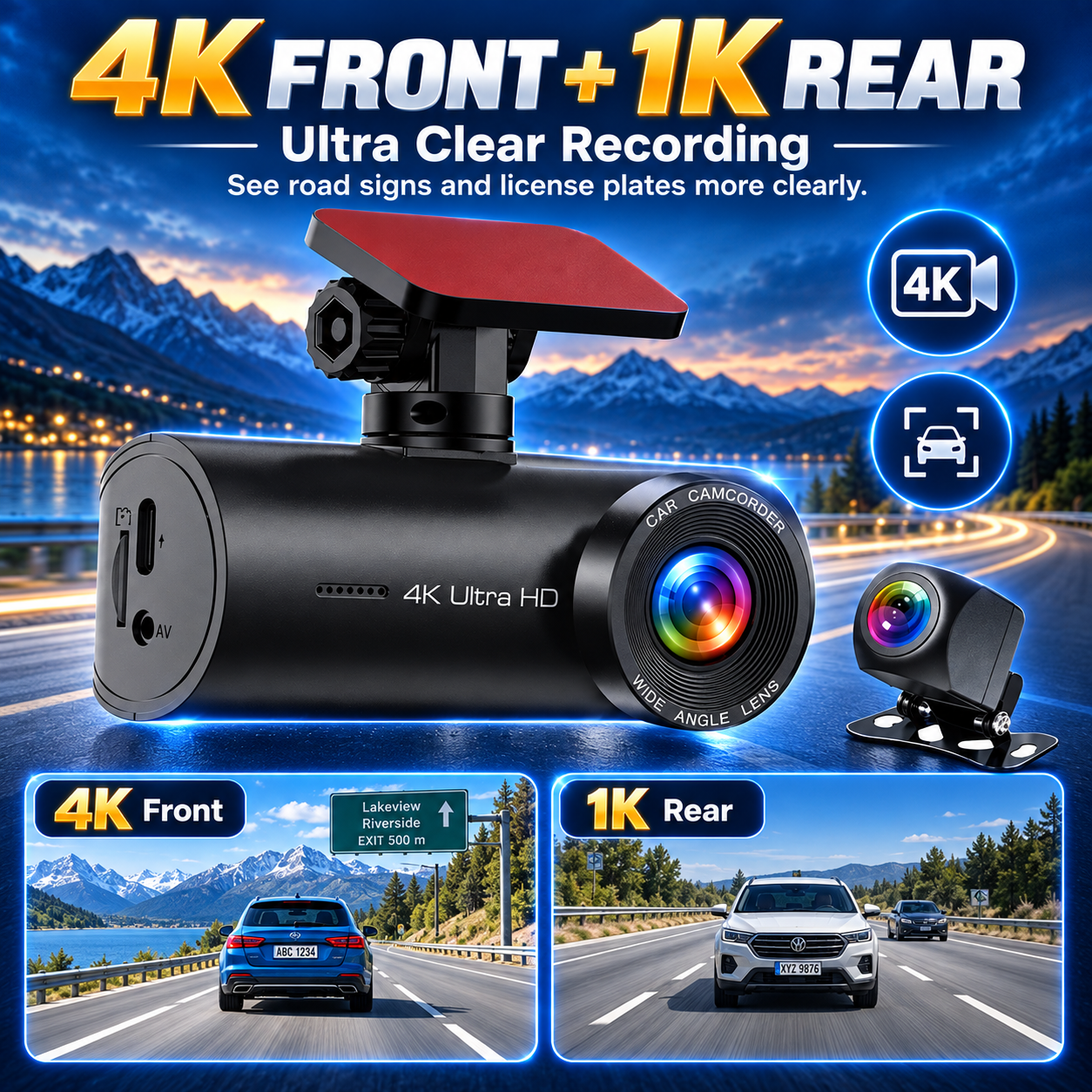 Dash Camera 4K Front Rear1080P WiFi APP Control Car Video Recorder GPS Tracking Dual Lens Driving Recorder Night Vision G-Sensor