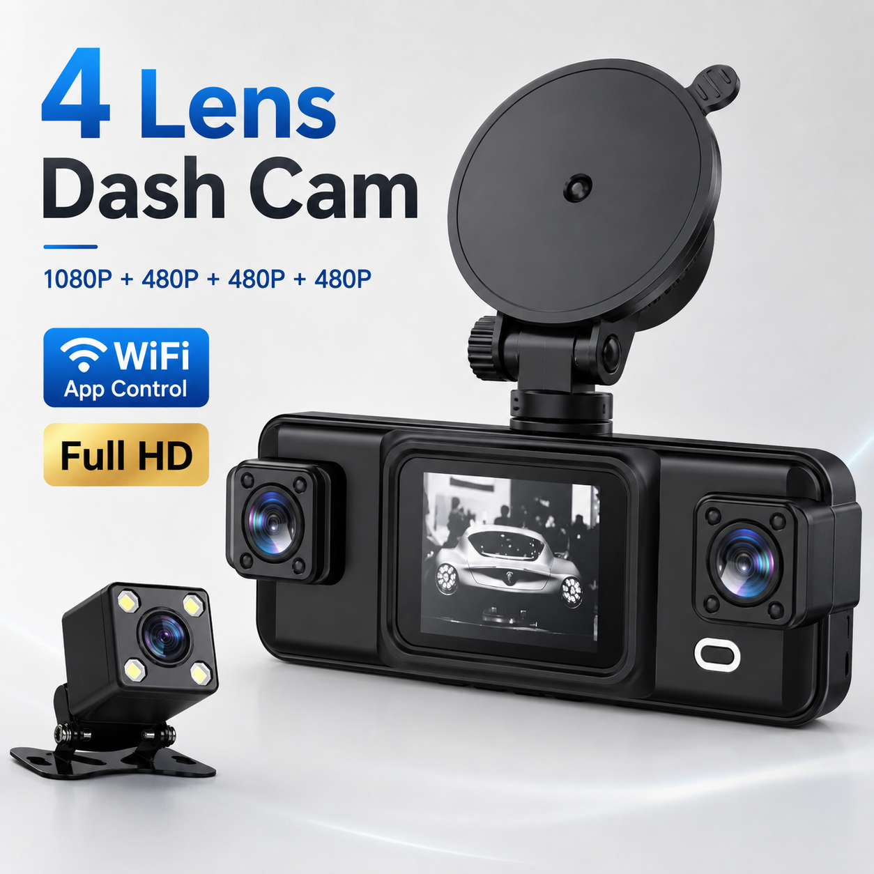 4 Channel 1080P Dash Cam WiFi Front Inside Rear Camera Night Vision G-Sensor Loop Recording Motion Detect APP Control ACC Option