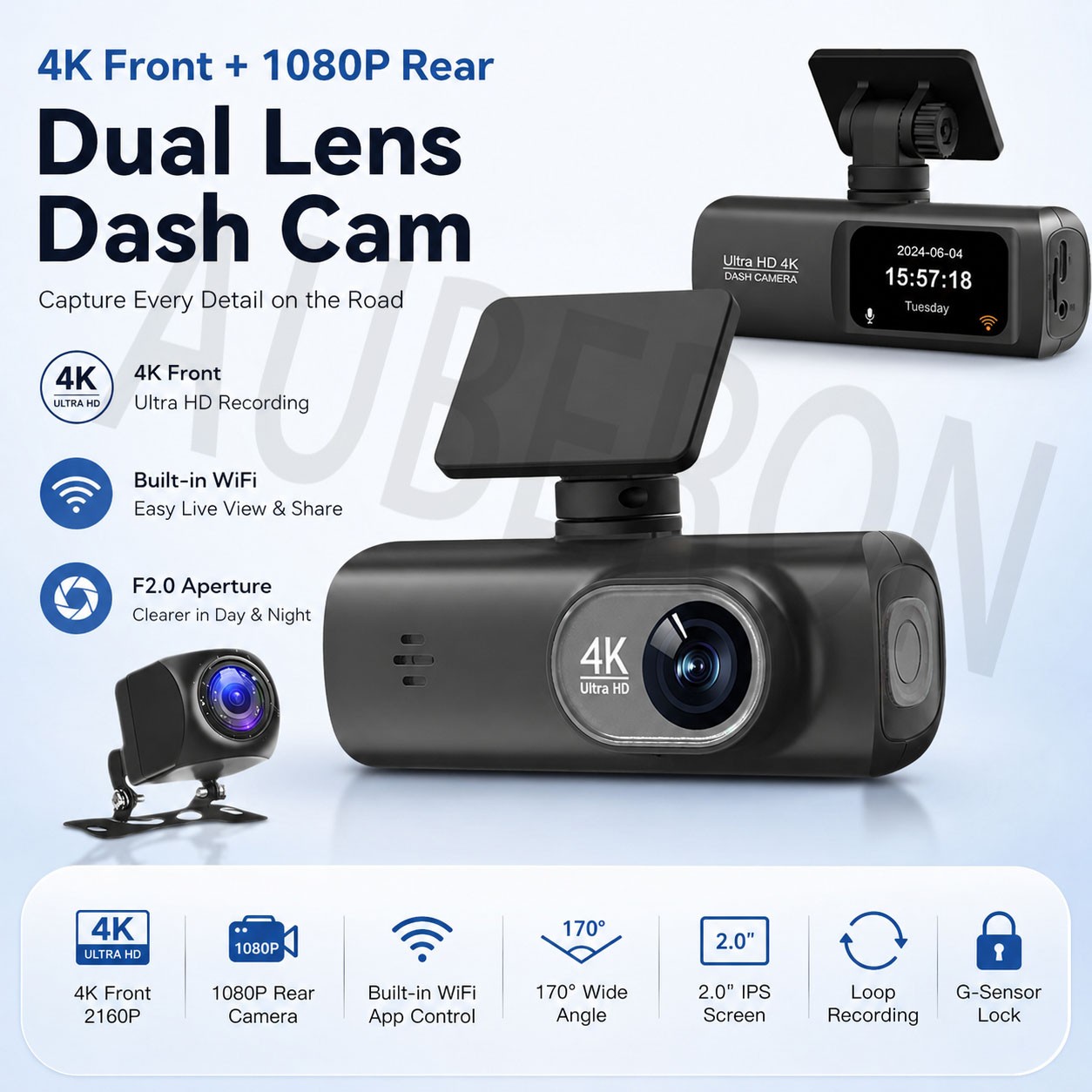 UHD 4K WiFi Dash Cam Dual Lens Driving Recorder Car DVR Optional 1080P Rear Lens Camera Night Vision G-sensor Loop RecordingUHD 4K WiFi Dash Cam Dual Lens Driving Recorder Car DVR Optional 1080P Rear 