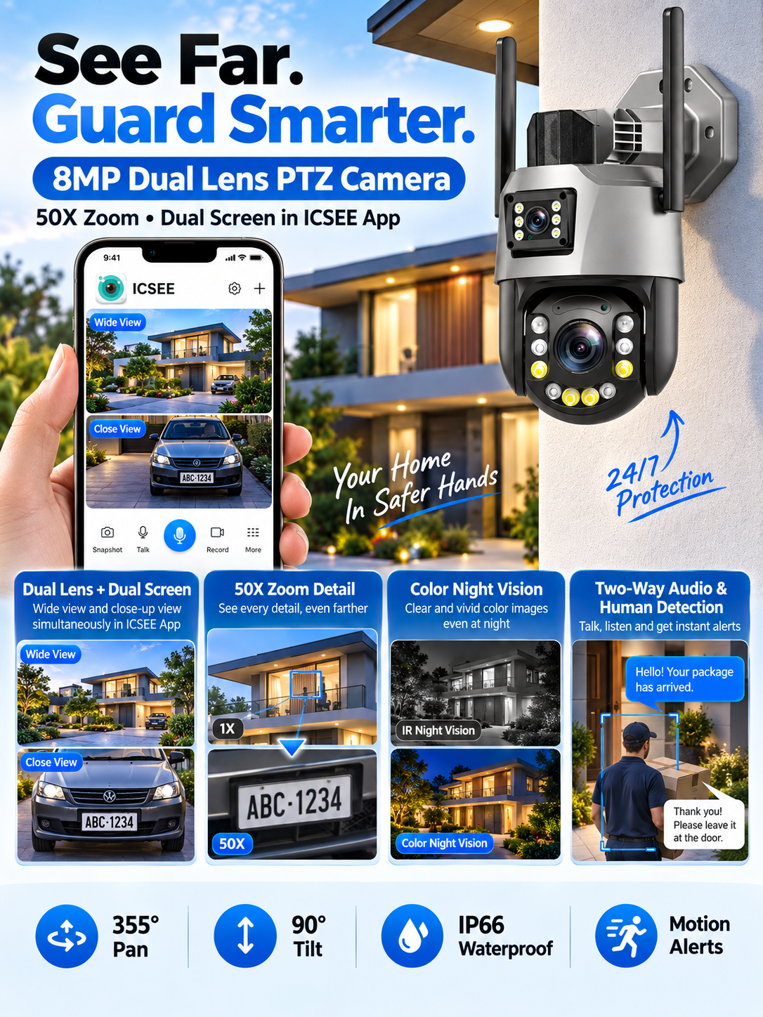 4K 8MP WIFI Camera Outdoor Dual Lens 50X Zoom Waterproof Color IR Vision PTZ Auto Tracking Security Surveillance HD Cameras CCTV