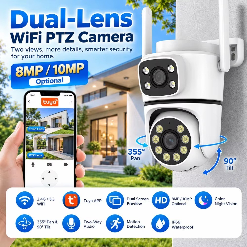 4K 10MP WiFi Camera PTZ Outdoor Dual Lens Color Night Vision Tuya Dual Screen Auto Tracking Security Surveillance Cameras CCTV