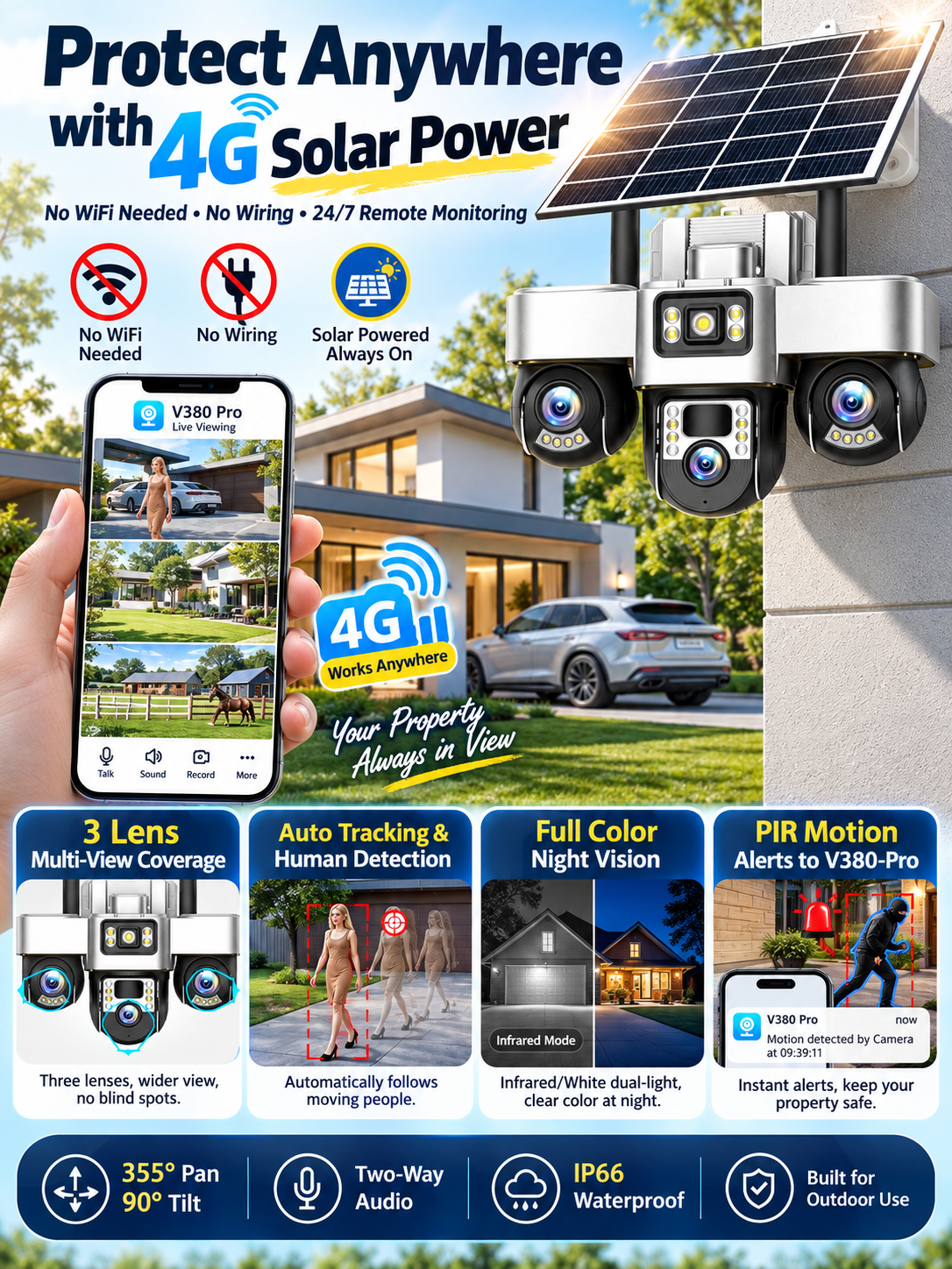 6K 15MP Wifi Camera Solar Outdoor 3 Lens 3 Screen Waterproof Night Vision 4G Tracking Alarm Security Surveillance Cameras CCTV
