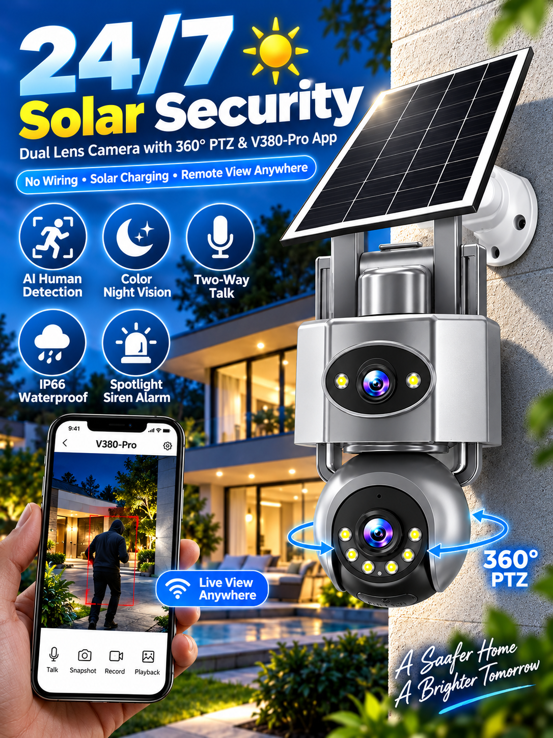 8MP Solar WiFi Camera Outdoor Dual Lens Night Vision Waterproof Sound Alarm Tracking 4G Security Surveillance Cameras V380 CCTV