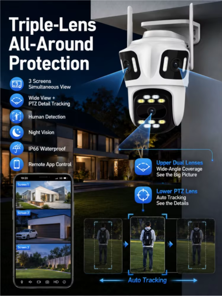 Outdoor Security Camera 8MP Three Lens PTZ Camera HD Three Screen WiFi Auto Tracking Dual Len 6MP Wireless CCTV IP Camera ICsee