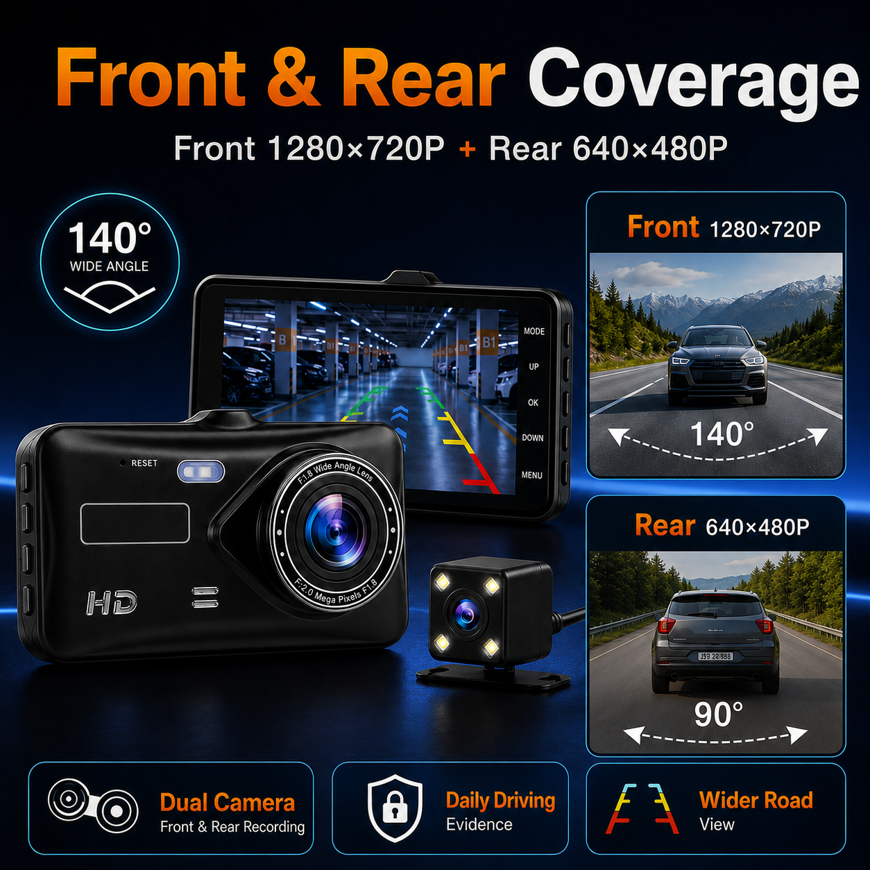 Dual Lens Dash Cam 1080P HD for Car 4 Inch Touch Screen Car DVR Video Recorder Front and Rear View Camera Vehicle Loop Recording