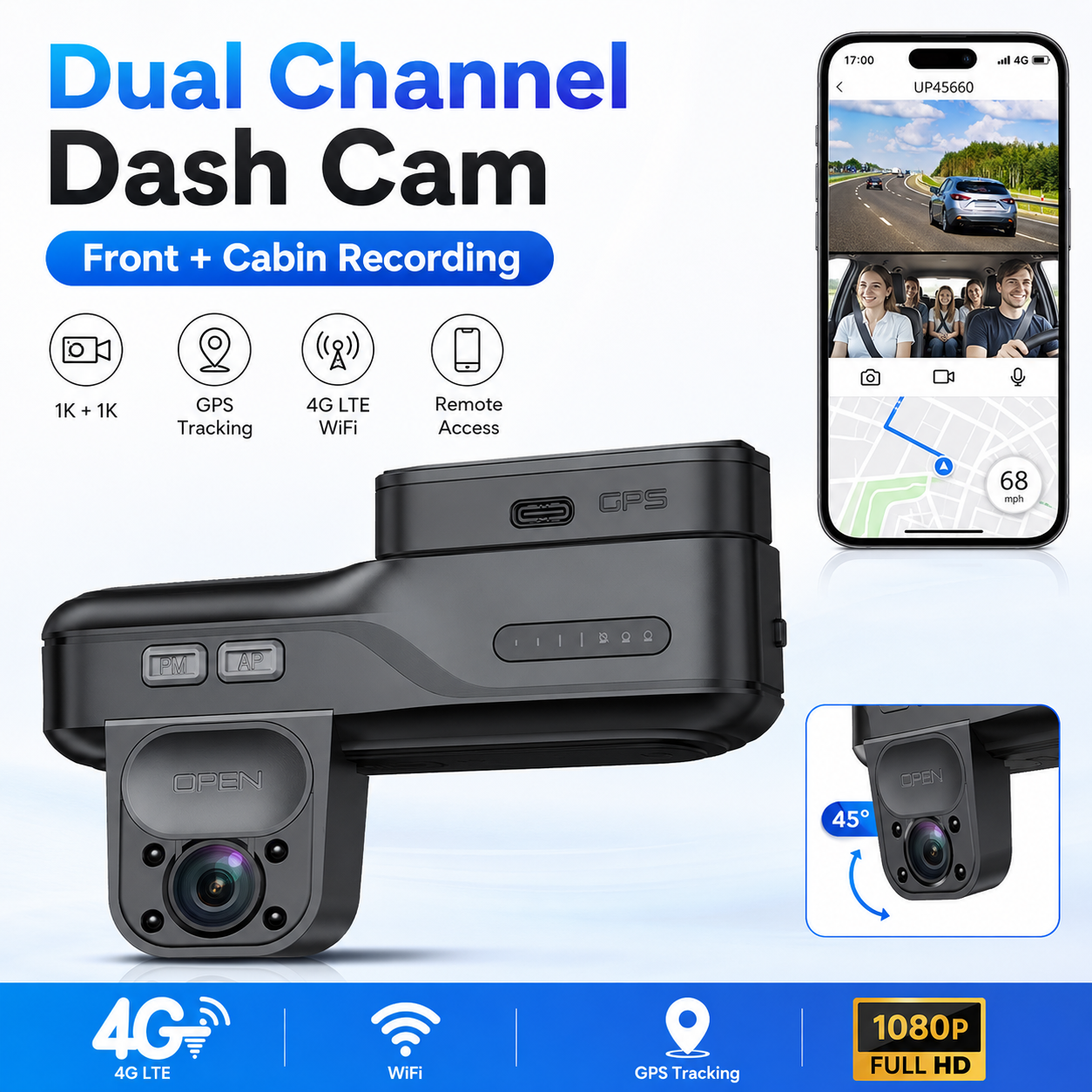 1080P Dual Lens Dash Cam Smart 4G LTE GPS WiFi Car DVR Camera Front Cabin Recorder APP Remote View Motion Detection Parking Mode