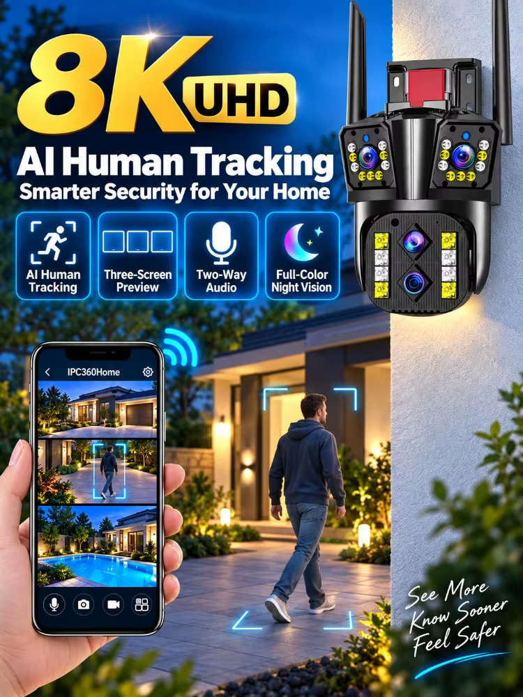 16MP 8K WIFI Camera Outdoor 10X Optical Zoom Four Lens Three Screen Waterproof Auto Tracking Security Surveillance Cameras CCTV