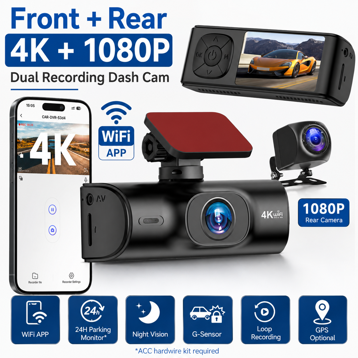 Dual Dash Cam 4K Front 1080P Rear Camera WiFi Car DVR Recorder APP Control Night Vision Loop Recording G-sensor Parking Monitor