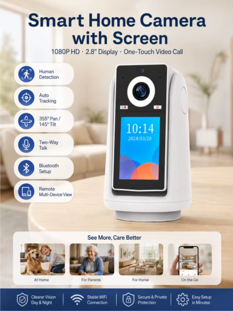 2MP 1080P Wi-Fi Indoor Security Camera with 2.8 Inch Screen One-Touch Video Call Auto Tracking Human Detection Two-Way Audio PTZ