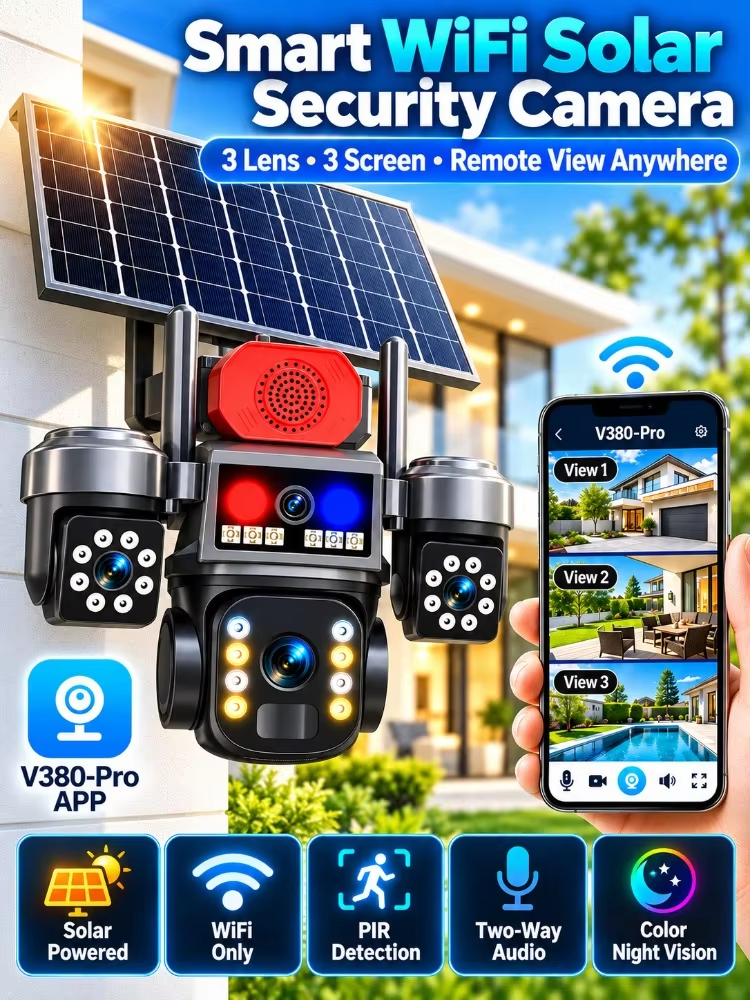 15MP 24/7 Work Solar Camera Security Outdoor WiFi Wireless Three Lens Three Screen Auto Tracking Alarm 8K IP Protection Cam V380