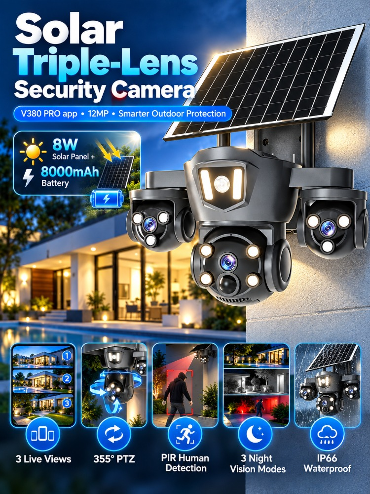 15MP Solar Wifi Camera Outdoor 3 Lens 3 Screen PIR Human Detect IP66 Waterproof Night Vision CCTV Security Surveillance Cameras