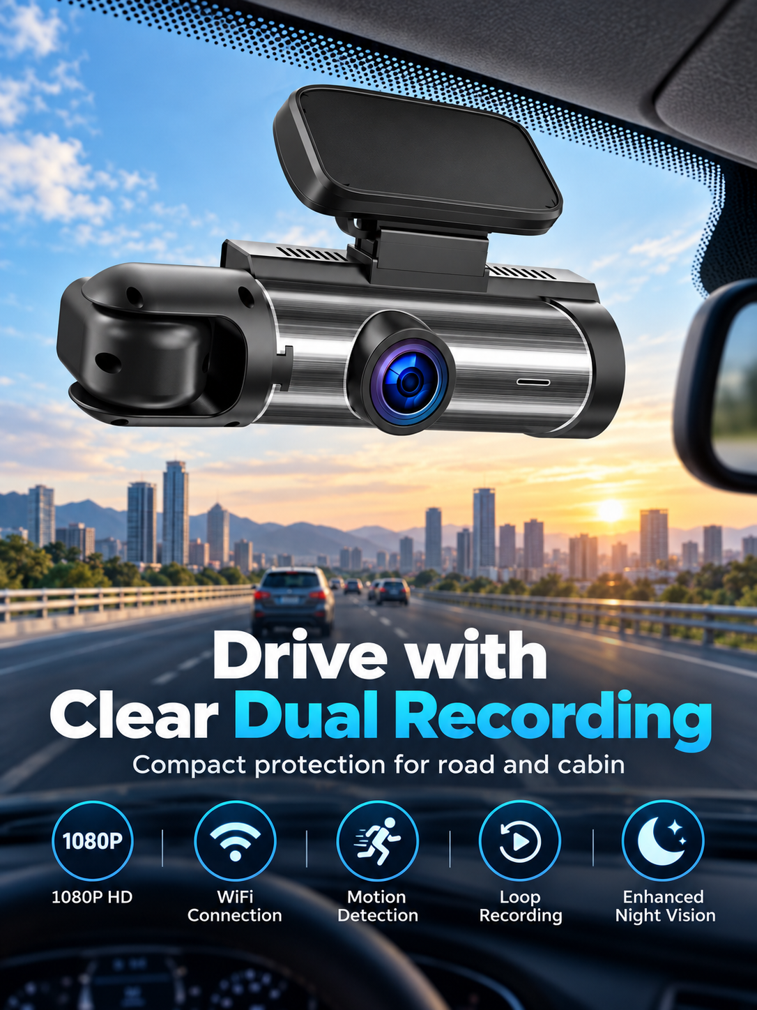1080P Dual Lens Dash Cam Wi-Fi Front Cabin Rear Triple Lens Car DVR Night Vision Loop Recording G-Sensor Reverse Camera for Cars