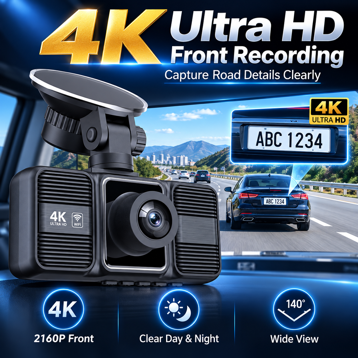 4K Dash Cam Triple Channel WiFi Driving Recorder Front Rear Interior Camera Night Vision G-Sensor Loop Recording Parking Monitor