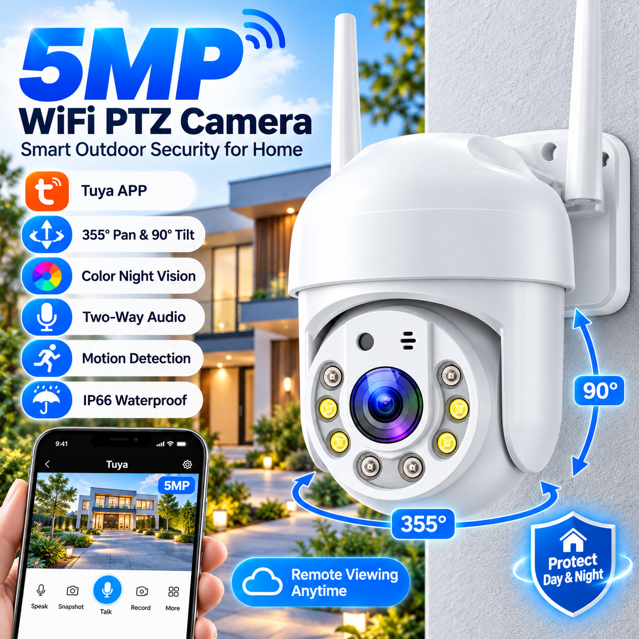 5MP Outdoor WiFi Camera Tuya Smart Life Waterproof Night Vision Auto Tracking Remote Home Security Surveillance PTZ Cameras CCTV