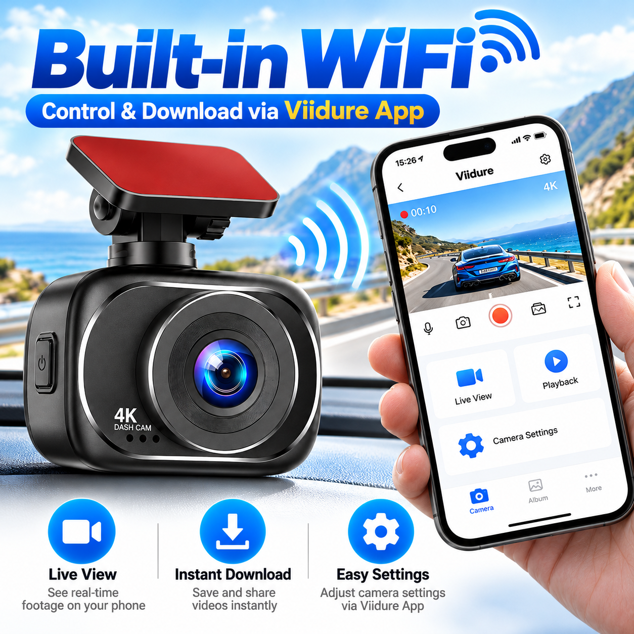 4K Dash Cam Front and Rear Dual 4K WiFi Car DVR 170 Degree Wide Angle 2.0 Inch IPS Display G Sensor Loop Recording Night Vision