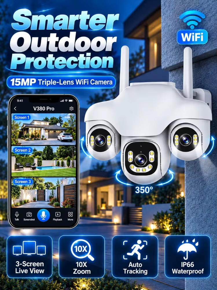 V380 15MP Wifi Camera Security Outdoor 3 Lens Three Screen CCTV IP66 Night Vision Auto Track Monitor Surveillance 4G PTZ Cameras