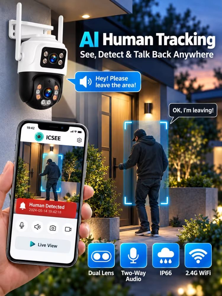 6MP WiFi Camera Outdoor Home Security Dual Lens Human Detect Dual Screen Full Color Night Vision Sound Light Alarm Surveillance