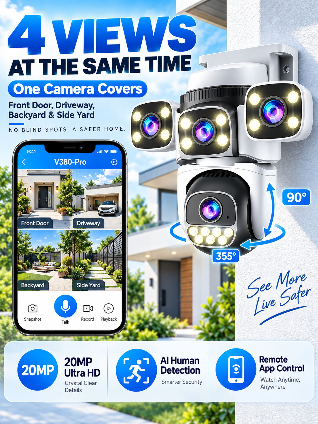 10K 20MP WiFi Camera Outdoor PTZ 4 Screen Four Lens 5X Zoom Night Vision Waterproof Tracking Security Surveillance Cameras CCTV