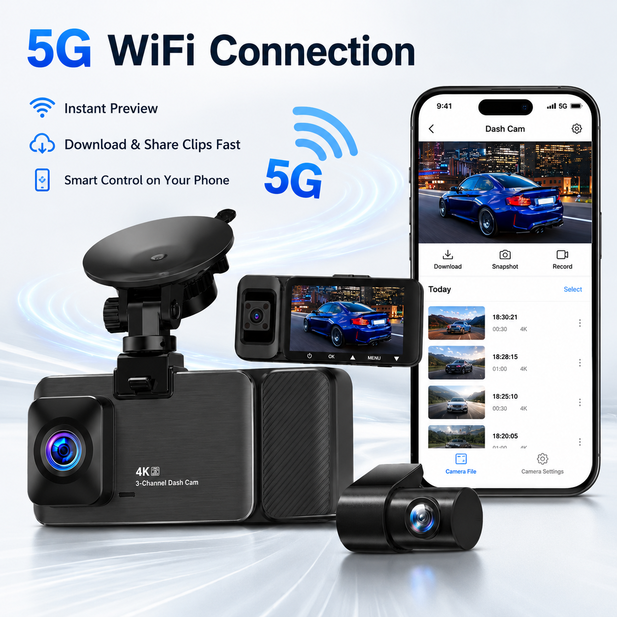 3 CH Dash Cam Front 4K Interior and Rear 1080P Triple Lens WiFi APP Control Night Vision Parking Mode Motion Detection G Sensors