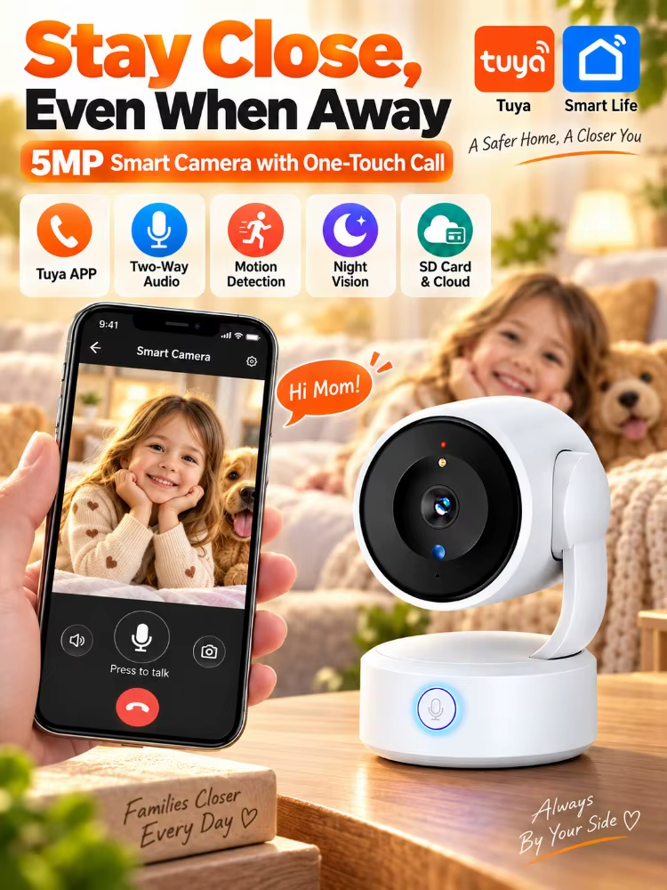 5MP WiFi Camera Tuya Indoor PTZ IP Monitor Auto Tracking Color Night Vision Waterproof Home Security Surveillance Cameras CCTV