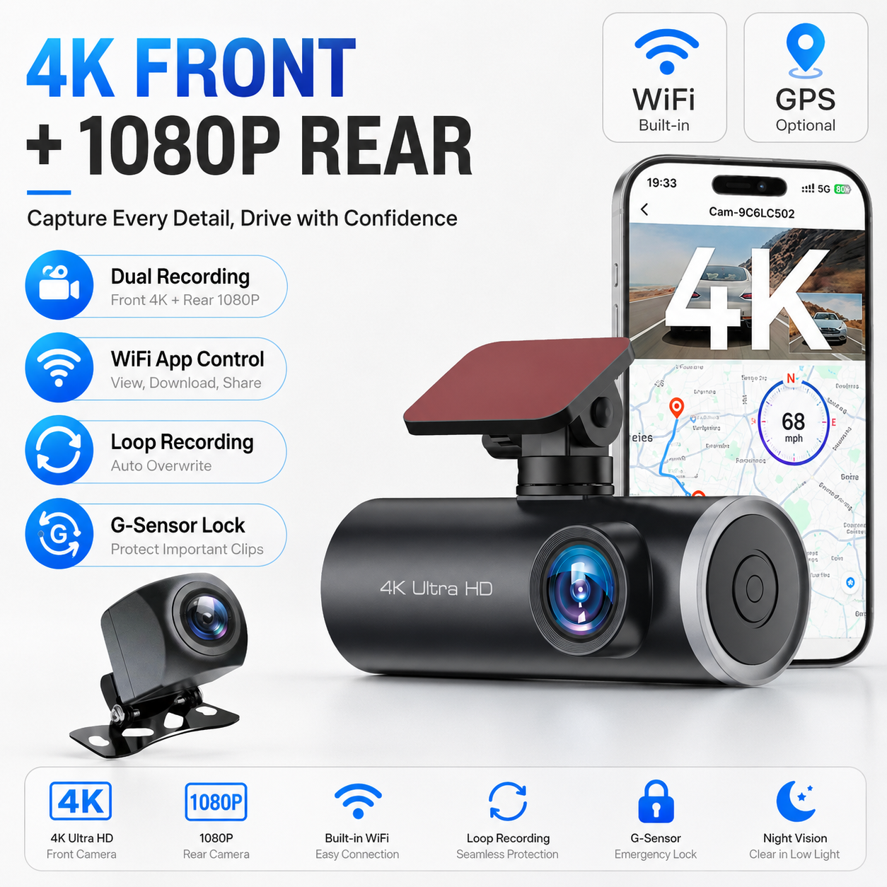 Dash Cam 4K Front Rear 1080P Dual Car DVR WiFi App GPS Optional 170 Wide Angle Night Vision G-Sensor Loop Recording Parking Mode