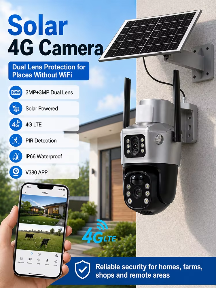 Solar 4G Security Camera 3MP+3MP Dual Lens PTZ IP66 Outdoor PIR Motion Detection V380 App No WiFi Wireless CCTV Camera Home Farm