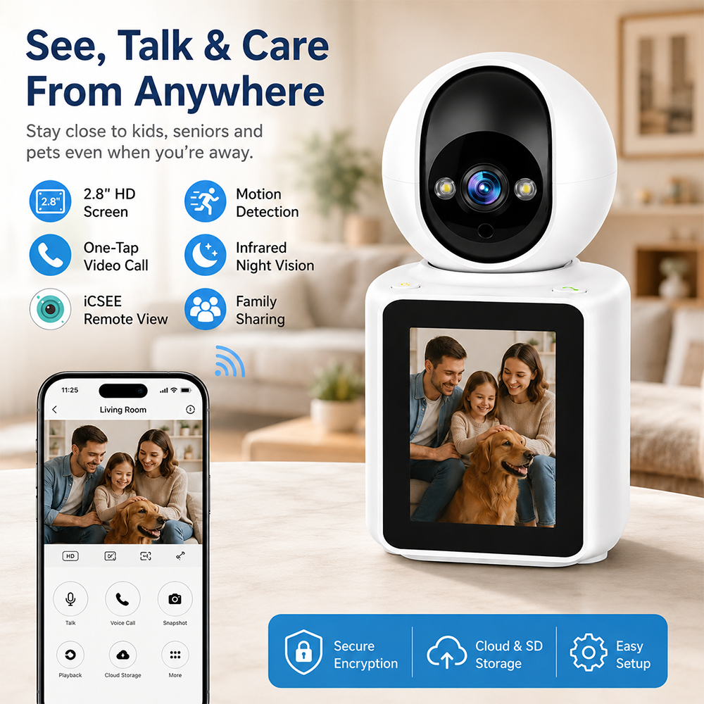 2MP WiFi Indoor Security Camera with 2.8in Screen Two Way Video Call Motion Tracking Night Vision ICSEE App Baby Pet Monitor P2P