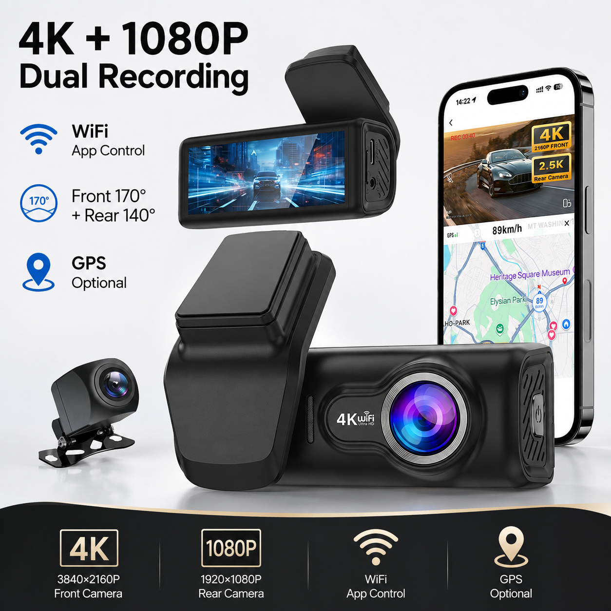 4K Dash Cam Front 1080P Rear Camera Car DVR WiFi APP Control GPS Driving Recorder Night Vision Loop Recording Parking Monitor
