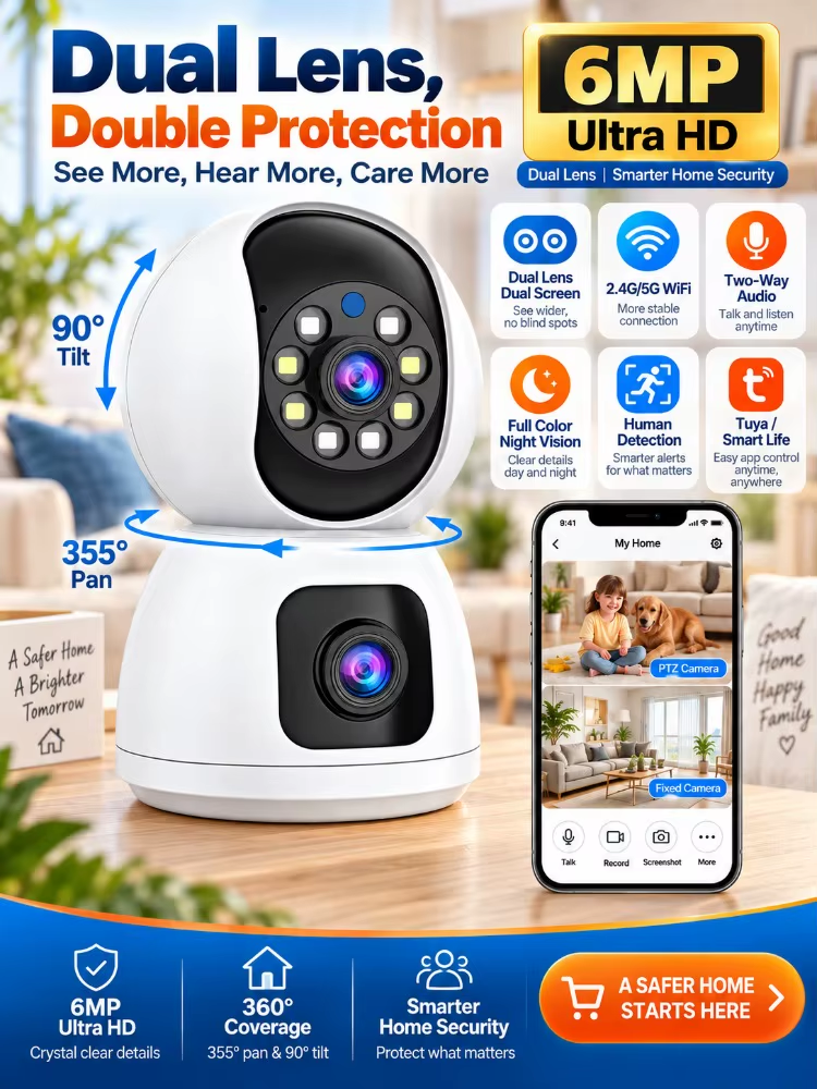 6MP Tuya WiFi Camera Dual Band 4K HD PTZ Dual Screen Dual Lens Indoor Camera Auto Tracking Security Surveillance Cameras IP CCTV