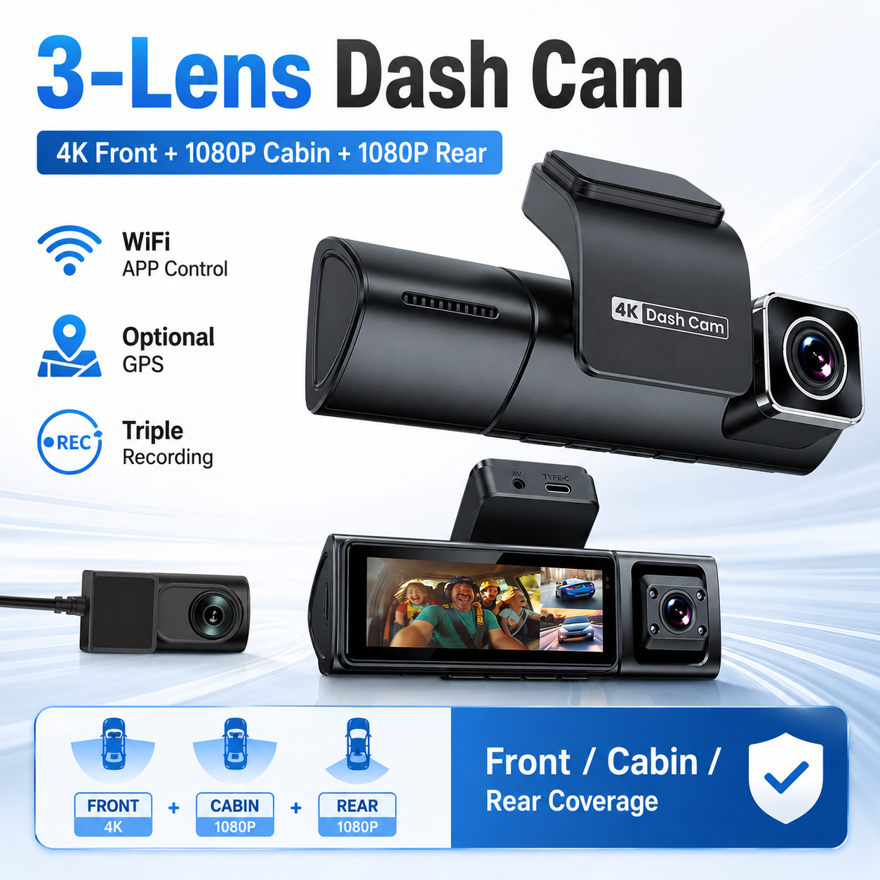 4K 3 Channel Dash Cam Front Cabin Rear 1080P WiFi App Night Vision G-Sensor Loop Recording Parking Monitor GPS Optional Car DVR