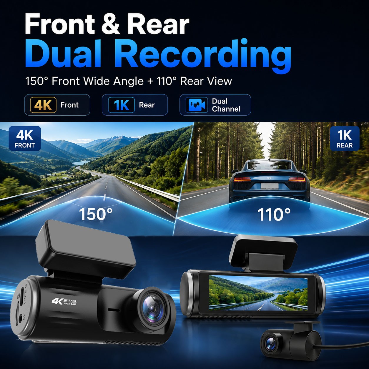 4K Dual Dash Cam Front 4K Rear 1K WiFi App Control Vehicle Camera150° Wide Angle G-Sensor Loop Recording Parking Monitor Car DVR