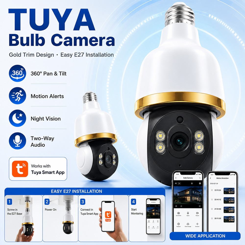Tuya Smart WiFi Bulb Camera 2MP E27 Home Security Camera 360 View Pan Tilt Night Vision Motion Alert Two Way Audio Baby Monitors