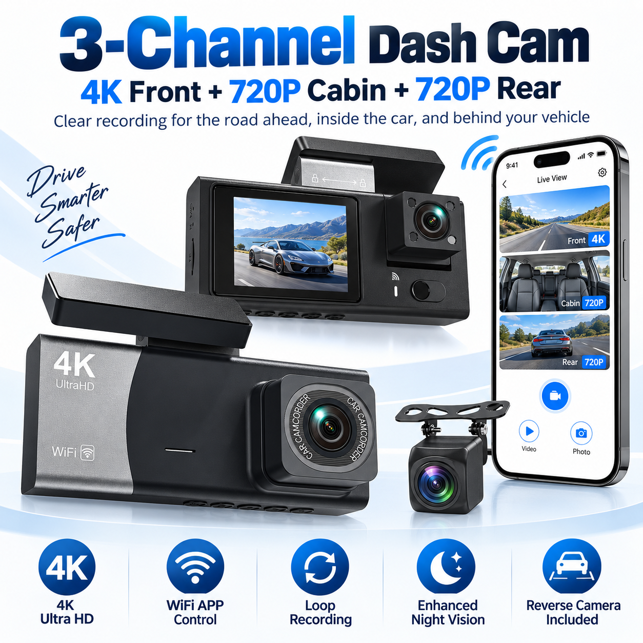 4K HD Dash Cam 3 Channel WiFi Car DVR Front Inside Rear Camera Night Vision Loop Recording G-Sensor APP Control Reverse for Cars
