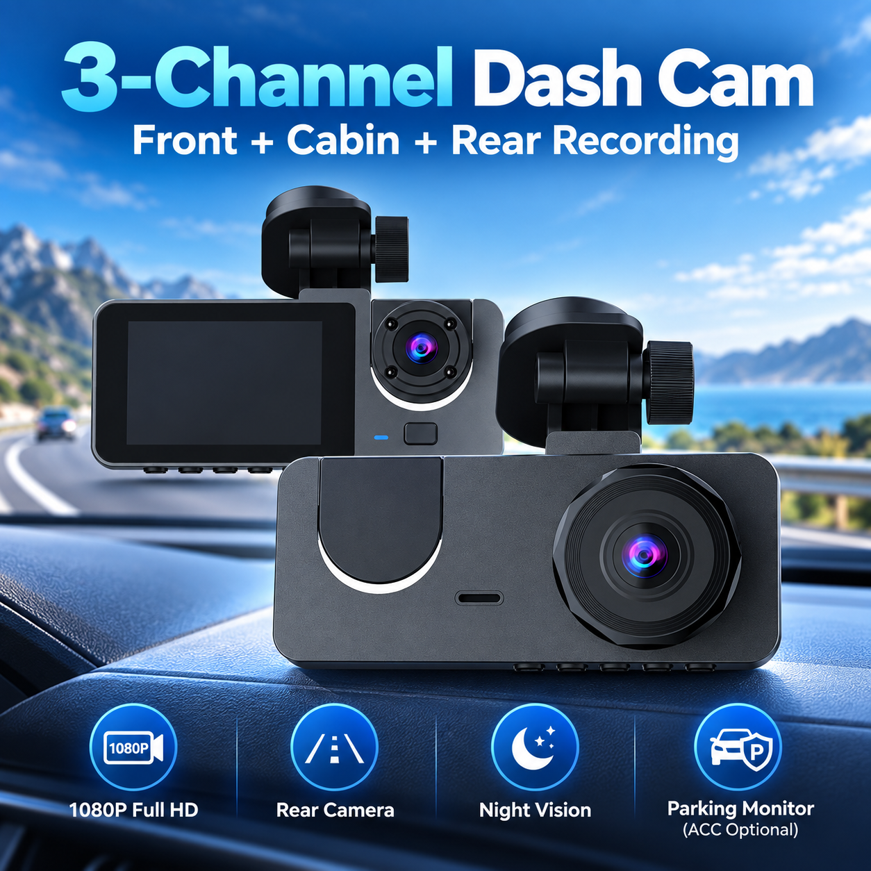 Car DVR 3 Channel Dash Cam for Car 4K Video Recorder WIFI APP Dashcam Front and Rear View Camera Night Vision Car Accessories