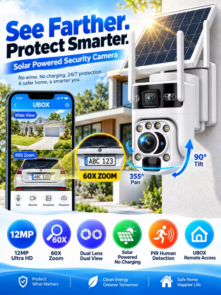 12MP 4G Outdoor Solar Camera 60X Optics Zoom Dual Screen Color Night Vision PIR Human Detection WIFI Security Video Camera CCTV