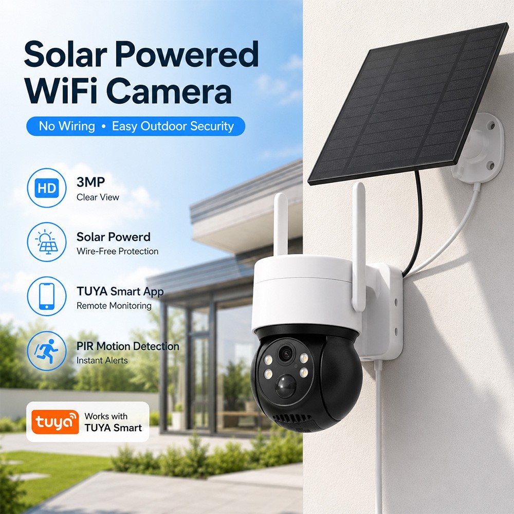 Solar WiFi Camera 3MP TUYA Smart Outdoor PTZ Security Camera Solar Powered 2-Way Audio Full Color Night Vision PIR Alerts IP66