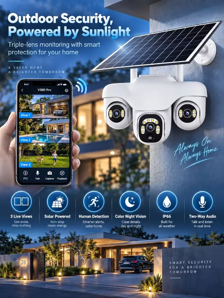 15MP WIFI Solar Camera Wireless Security Outdoor CCTV 3 Lens 3 Screen Auto Tracking Night Vision PTZ Surveillance Cameras V380