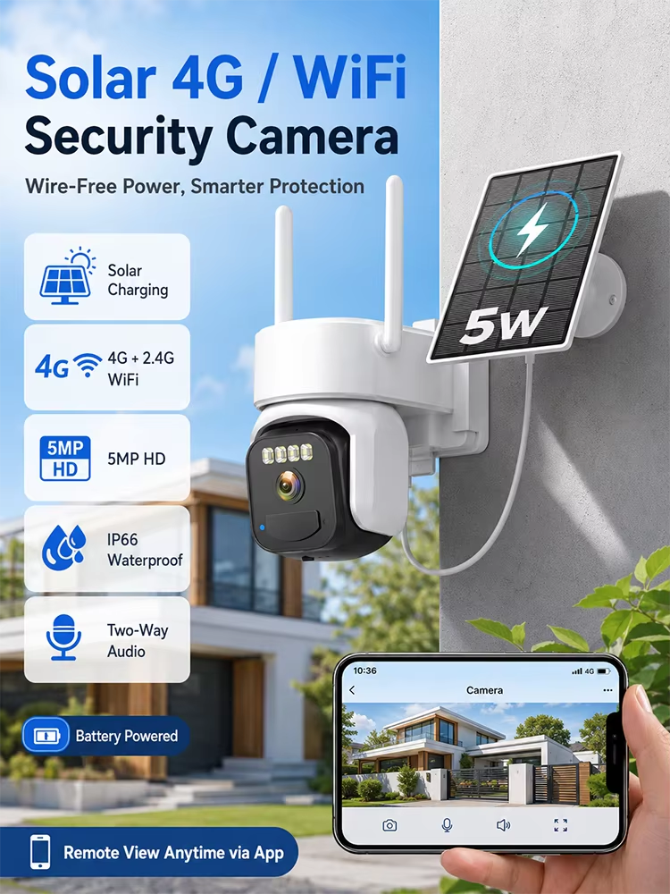 5MP Solar Outdoor Security Camera 4G LTE or 2.4GHz WiFi PTZ Full Color Night Vision Two Way Audio IP66 Motion Detection Cameras