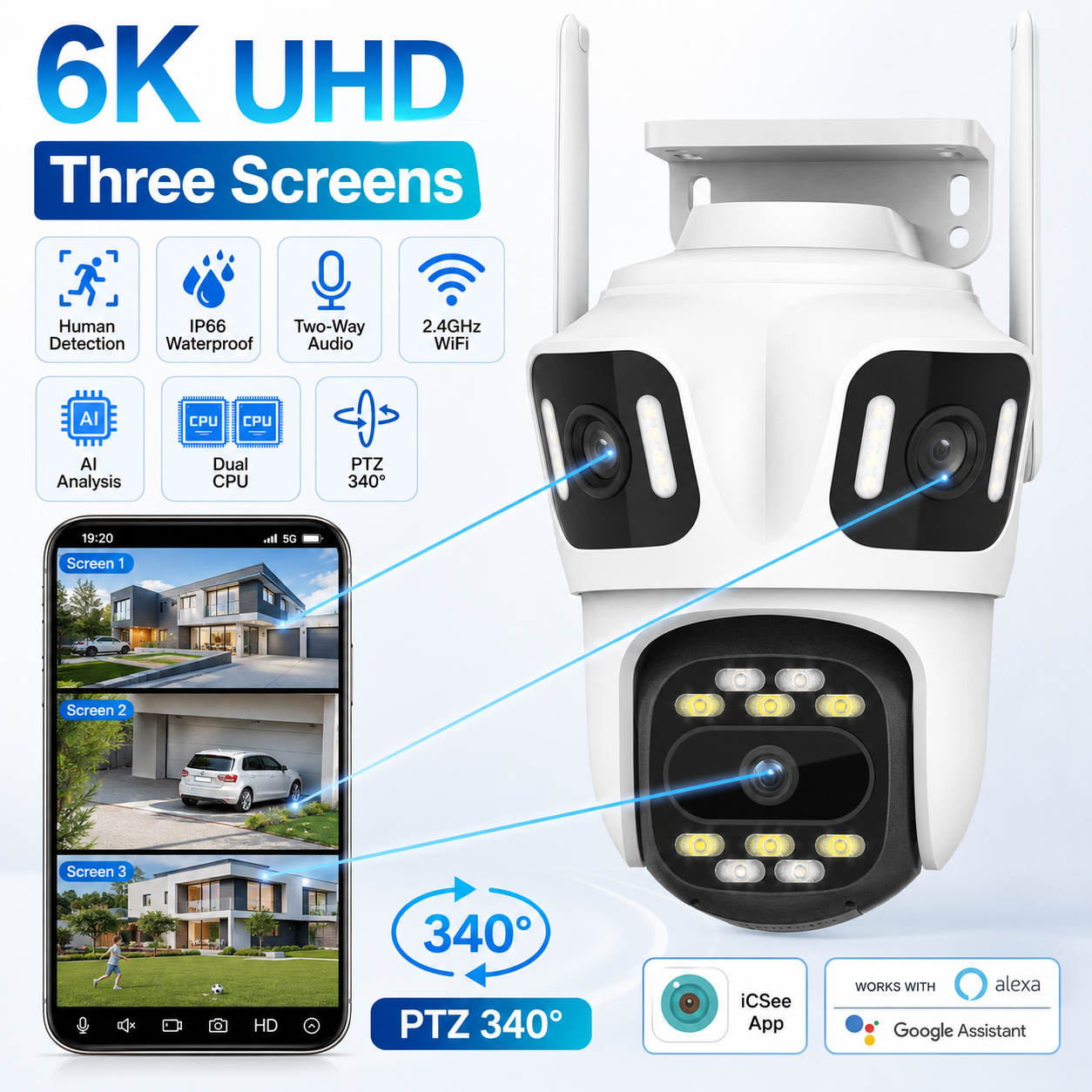 Outdoor Security Camera 8MP Three Lens PTZ Camera HD Three Screen WiFi Auto Tracking Dual Len 6MP Wireless CCTV IP Camera ICsee
