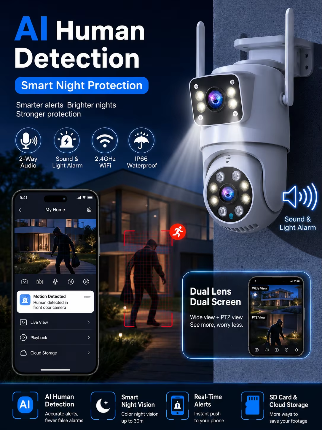 Security Camera 4K 8MP PTZ WiFi Outdoor Waterproof IP66 Dual Screen AI Human Detection Auto Tracking Night Vision 2 Way Audio HD