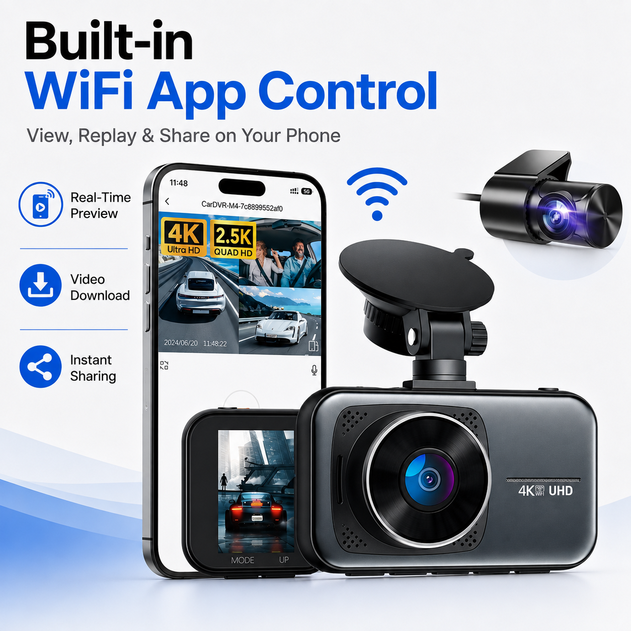 Smart 4K Dash Cam 2.5K Rear Camera WiFi APP Control Car DVR 170° Wide Angle Car Video Recorder Night Vision G Sensor GPS Track