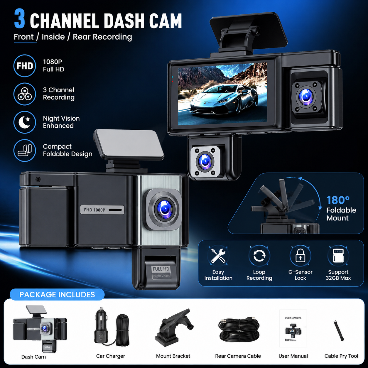4 Channel Dash Cam WiFi 1080P Front Interior Rear Car DVR Night Vision G Sensor Loop Recording Motion Detection APP Control