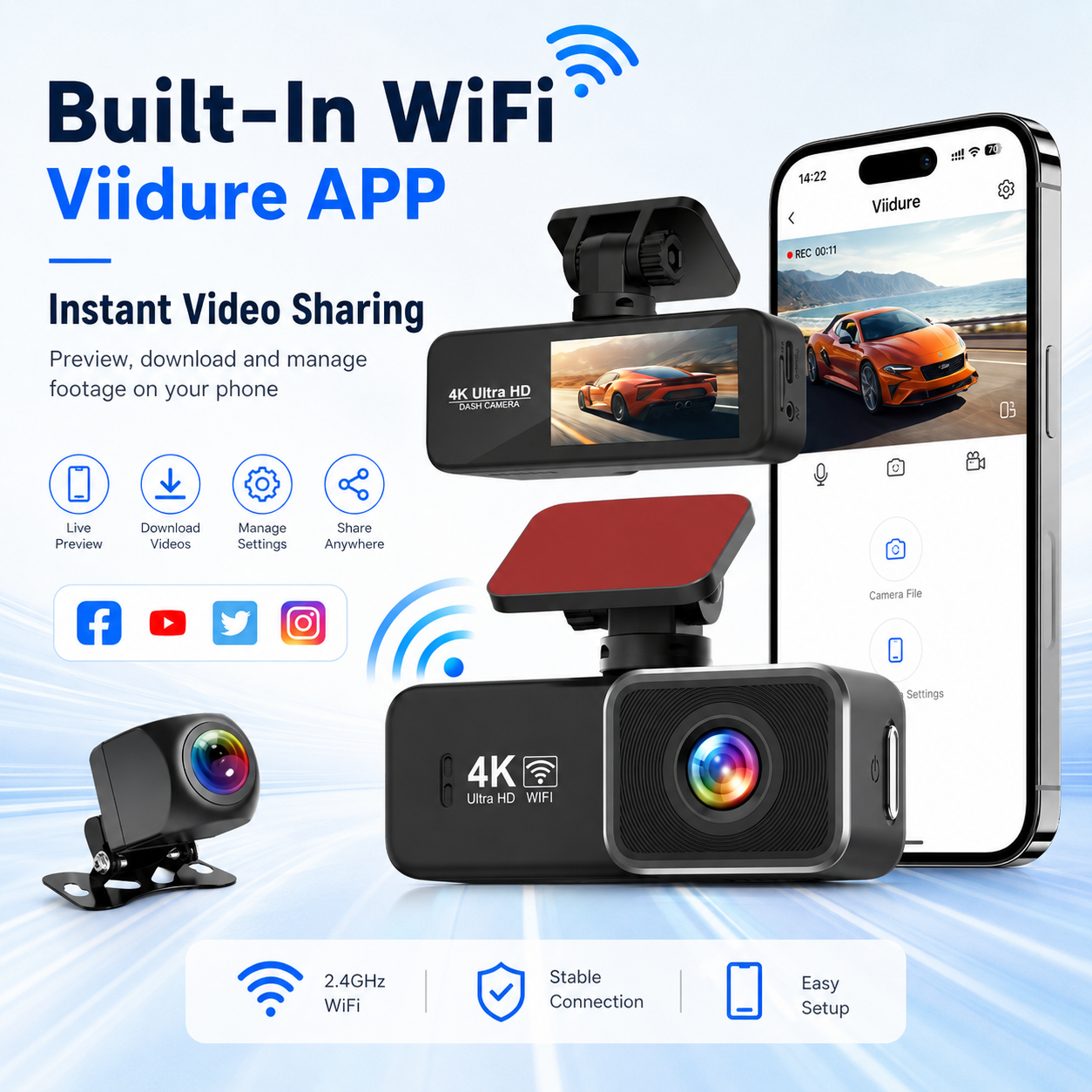 4K+1080P Dual Dash Cam Front Rear Camera WiFi APP GPS Optional 170° Wide Angle Night Vision Loop Recording G-Sensor Parking Mode